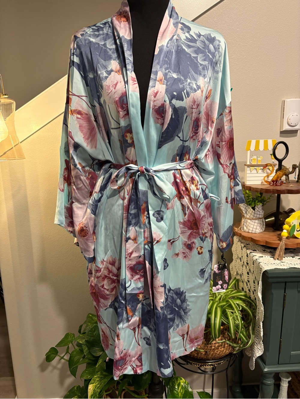 Satin Floral Kimono Robe in Aqua and Pink